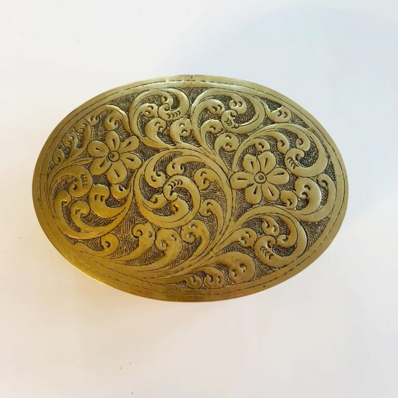 Sri Lanka Brass Hinge Lid Oval Floral Trinket Jewelry Box
